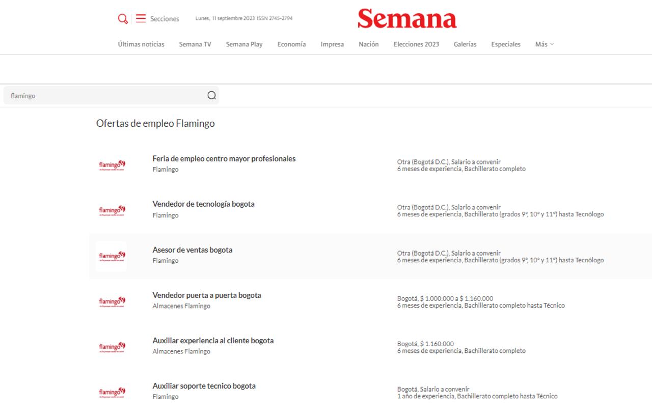 Ofertas de empleo ofrecidas por Flamingo en Colombia.