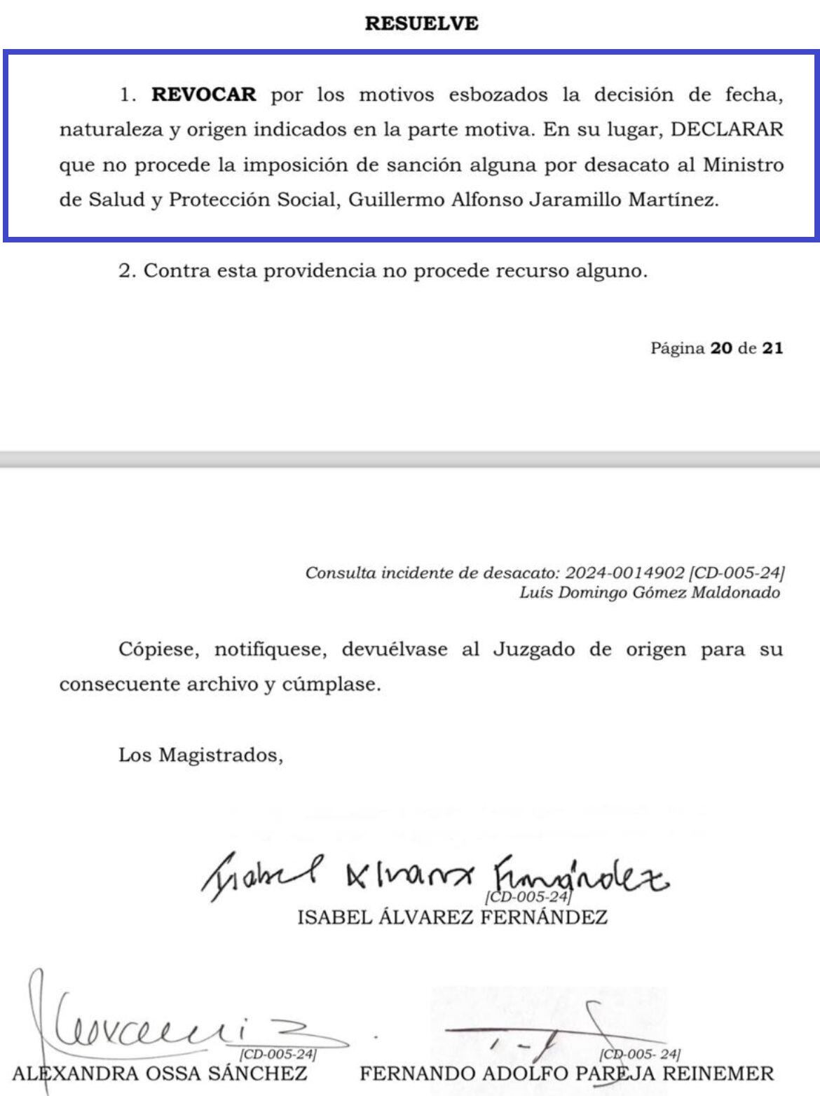 Tribunal Superior revocó fallo que ordenó el arresto del Ministro de Salud.