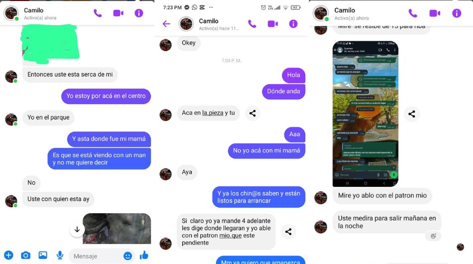 Chats de alias Camilo con potenciales víctimas de reclutamiento forzado, según autoridades.