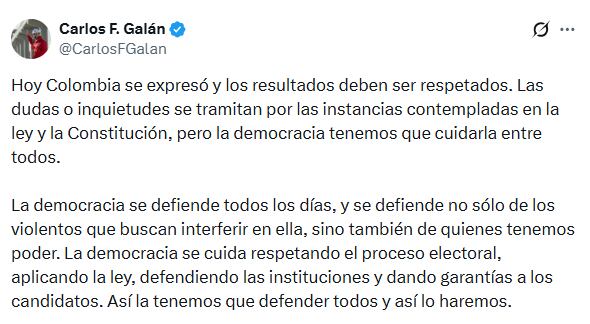 Mensaje del alcalde Carlos Fernando Galán tras las elecciones.