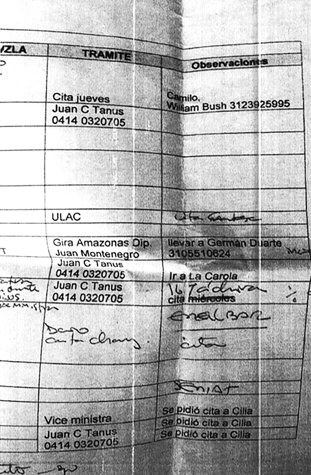  En el documento Gestiones de negocios Venezuela aparecen anotaciones escritas por Córdoba. En uno de ellos escribe “busco cita Chávez” y también habla de pedir encuentros con Cilia, quien sería la esposa de Nicolás Maduro.