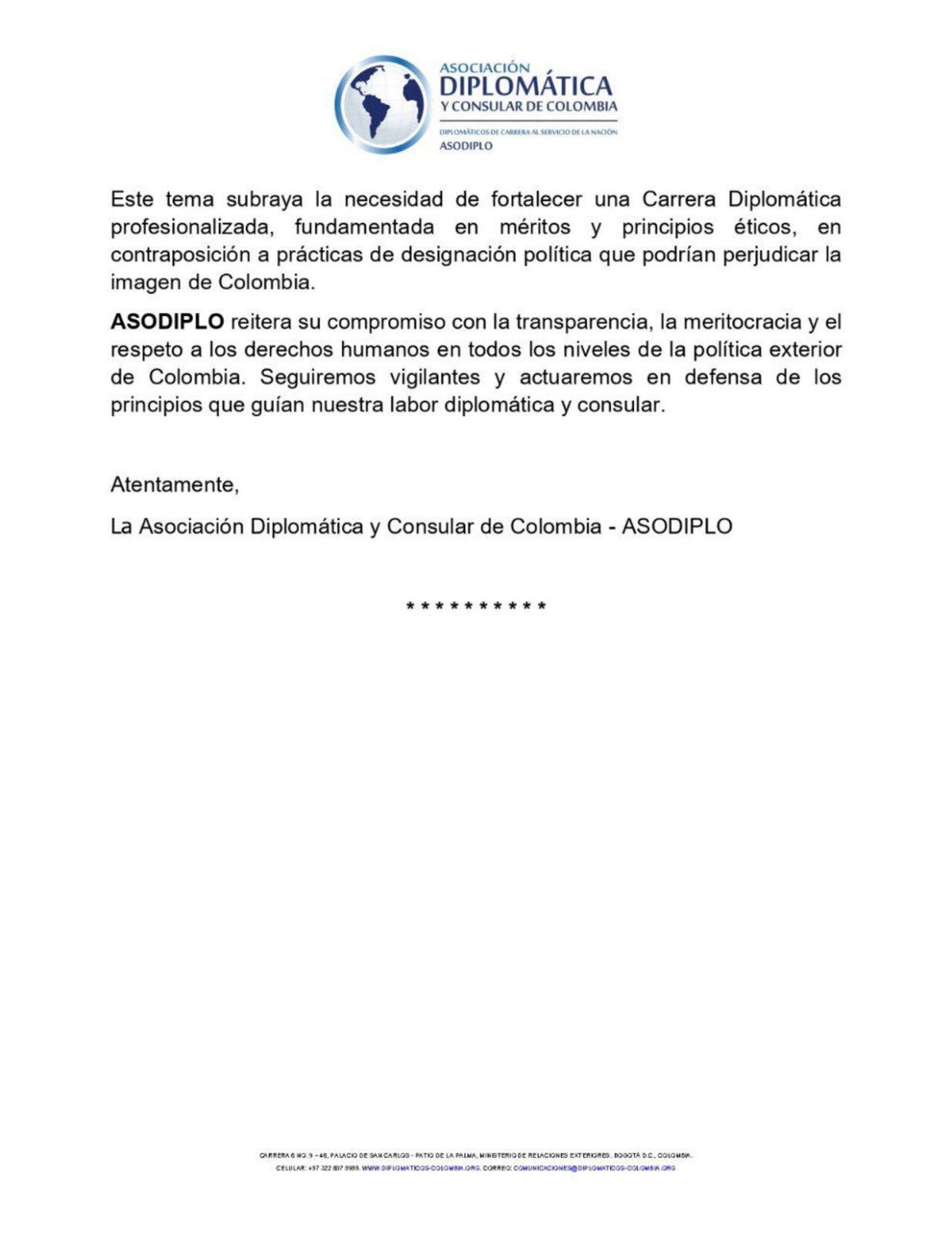Comunicado Asociación Diplomática y Consular de Colombia.