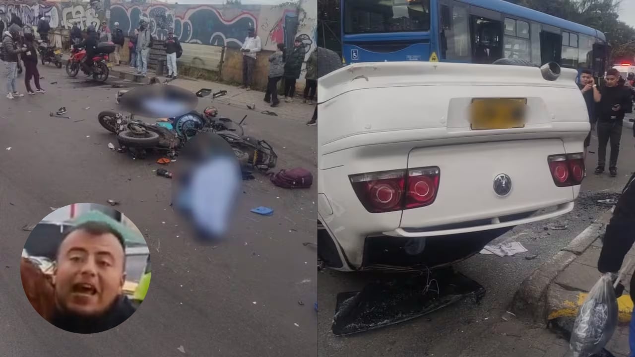 En la imagen se ve a las dos personas sin vida, el vehículo involucrado en el accidente y uno de los hombres involucrados.