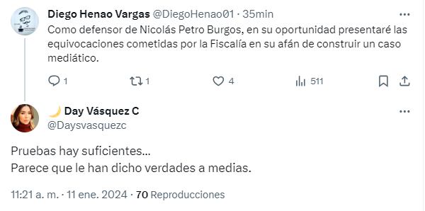 Trino de Day Vásquez en el que responde al abogado Diego Henao