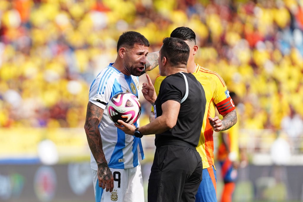BARRANQUILLA, COLOMBIA - SEPTEMBER 10: Nicolas Otamendi of Argentina argues with Referee Piero Maza during the South American FIFA World Cup 2026 Qualifier match between Colombia and Argentina at Roberto Melendez Metropolitan Stadium on September 10, 2024 in Barranquilla, Colombia. (Photo by Andres Rot/Getty Images)