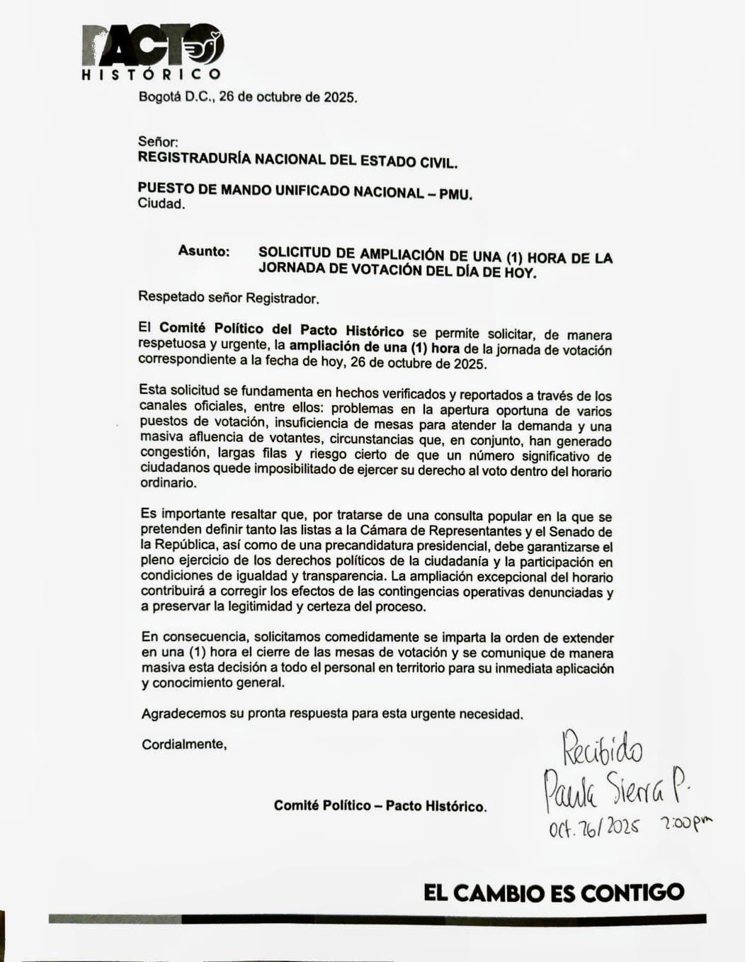 Solicitud del Pacto Histórico