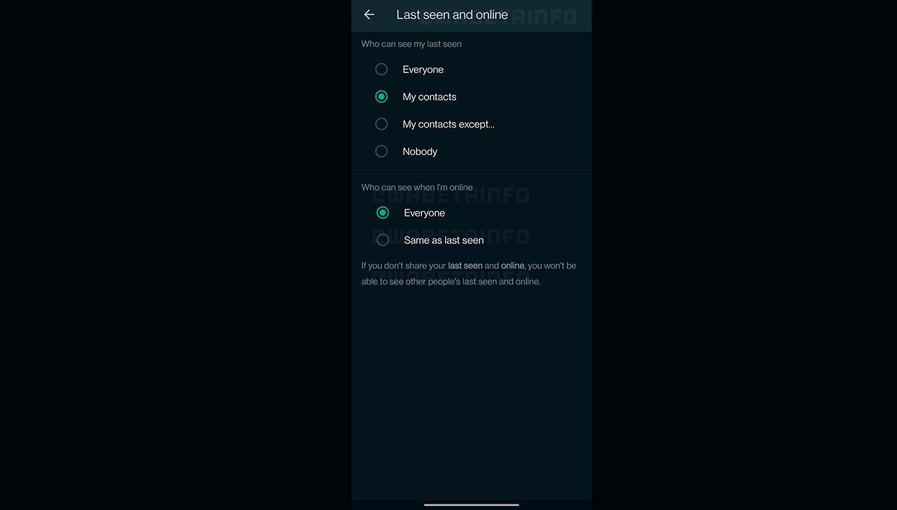 Menú de WhatsApp para ocultar el estado 'En línea'.