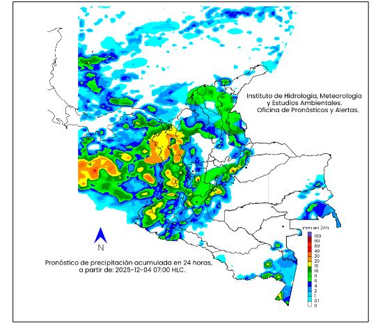 La escala de colores indica la cantidad de precipitación acumulada (en milímetros) para el 4 de diciembre de 2025