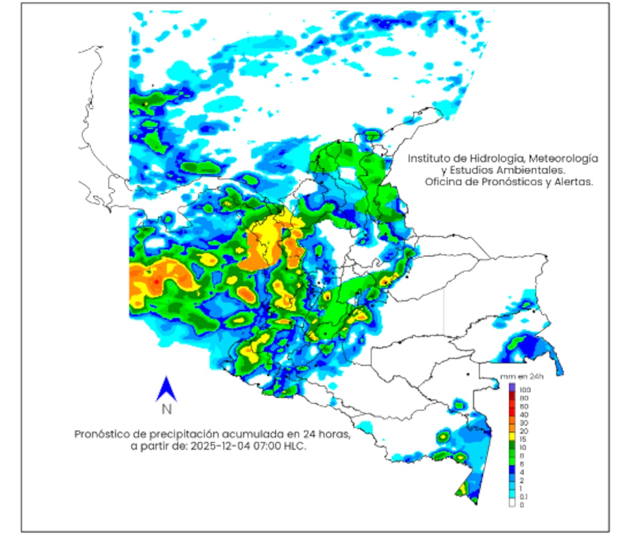 La escala de colores indica la cantidad de precipitación acumulada (en milímetros) para el 4 de diciembre de 2025