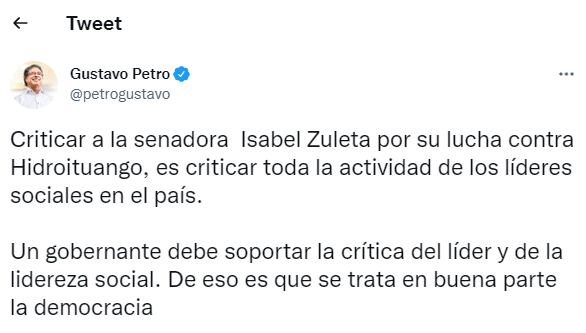 Tweet de Gustavo Petro