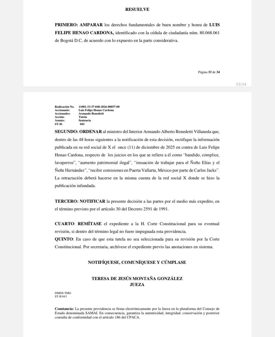 Juez le ordena a Armando Benedetti retractarse de los señalamientos hechos contra el exministro Luis Felipe Henao