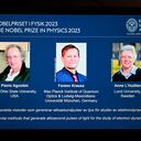 Una tableta muestra a los galardonados de este año, el físico estadounidense Pierre Agostini, la física húngaro-austriaca y la física francesa Anne L'Huillier durante el anuncio de los ganadores del Premio Nobel de Física 2023 en la Real Academia Sueca de Ciencias en Estocolmo el pasado mes de octubre. 3 de septiembre de 2023.