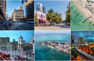 De izquierda a derecha y de arriba a abajo: Buenos Aires (Argentina), Miami (Estados Unidos), Punta Cana (República Dominicana), Bogotá (Colombia), San Andrés (Colombia) y Medellín (Colombia)