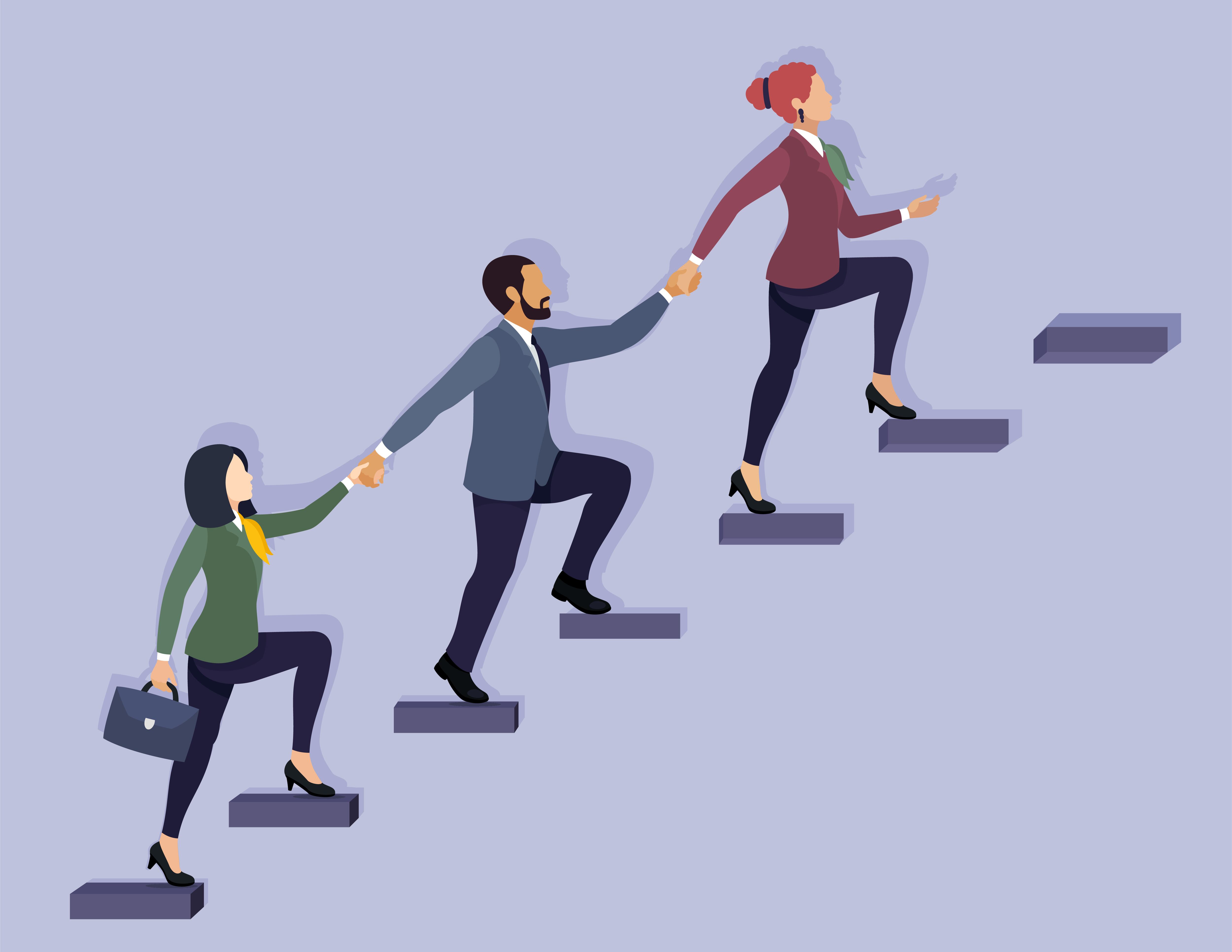 Unified Business Team Scaling New Heights. Exemplary Leadership, Investment Growth, and Collective Success. Illustration Depicting a Team of Businesspeople Ascending.
