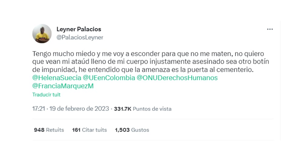 Trino de Leyner Palacios sobre amenazas de muerte.