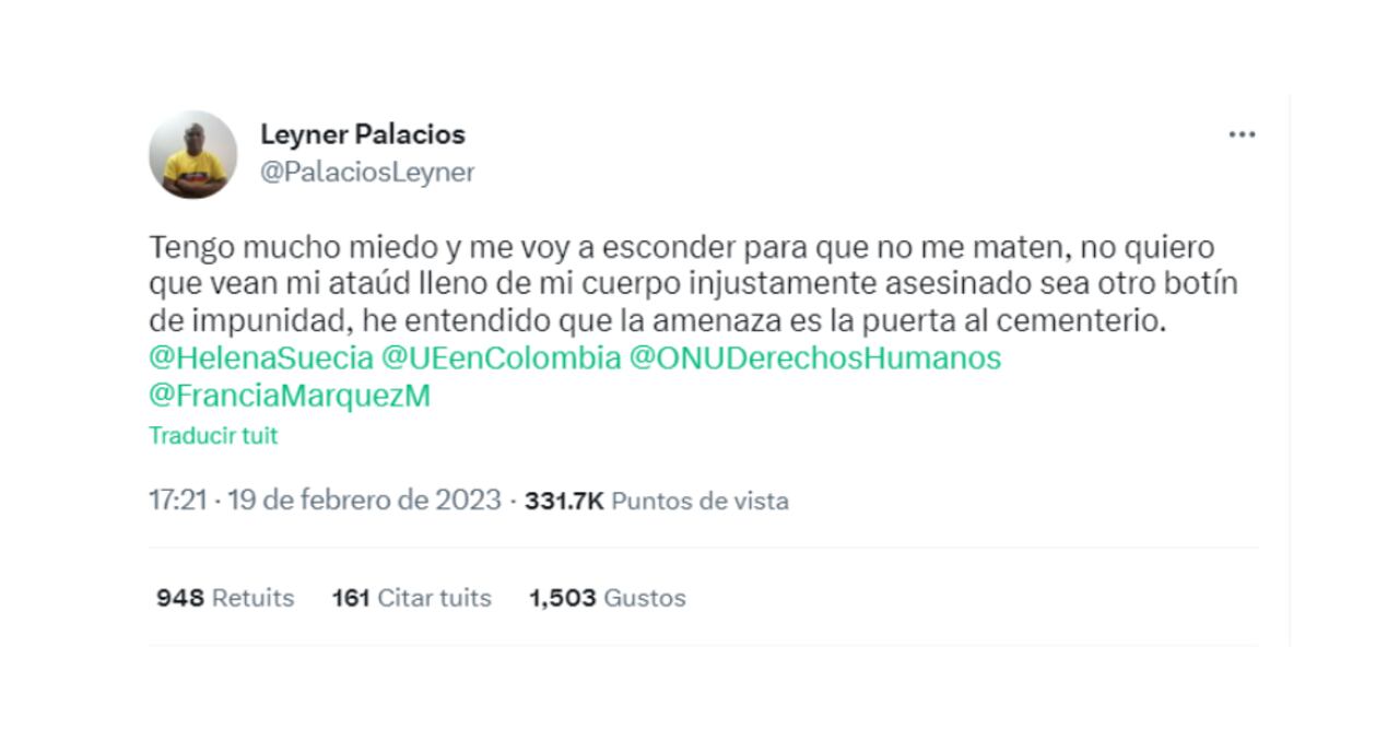 Trino de Leyner Palacios sobre amenazas de muerte.