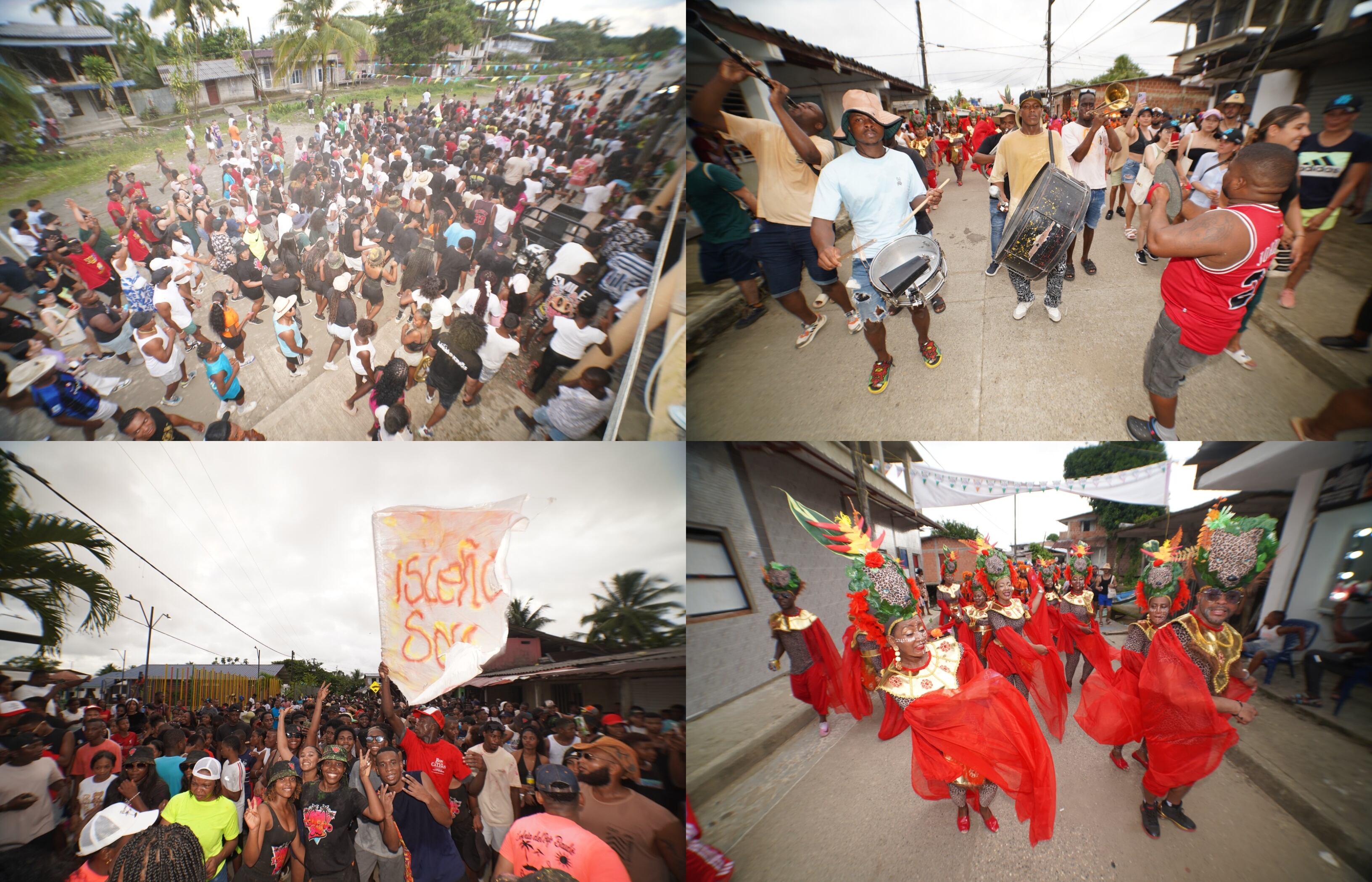 Comparsa en Pizarro, cabecera municipal del Bajo Baudó, en Chocó. Centenares de personas se unen a la fiesta que se toma la calle.