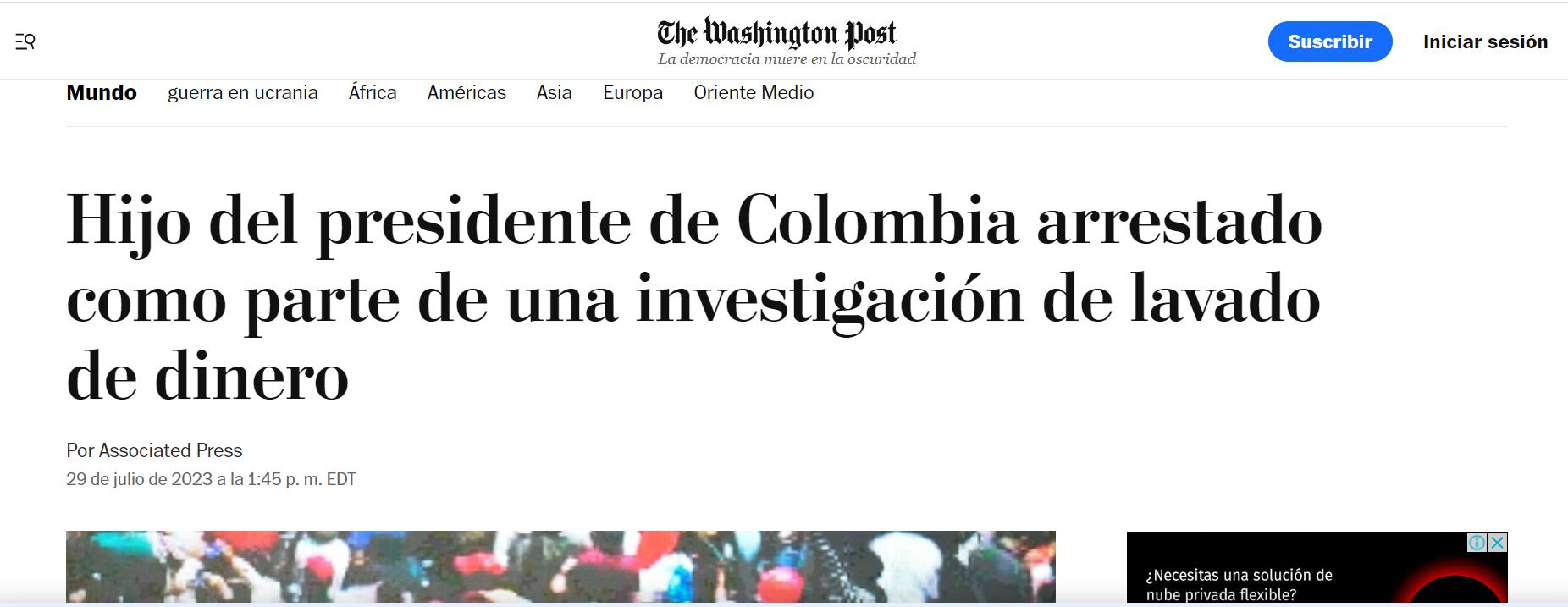 Así tituló el medio norteamericano la noticia de la captura de Nicolás Petro. (Captura de Pantalla)