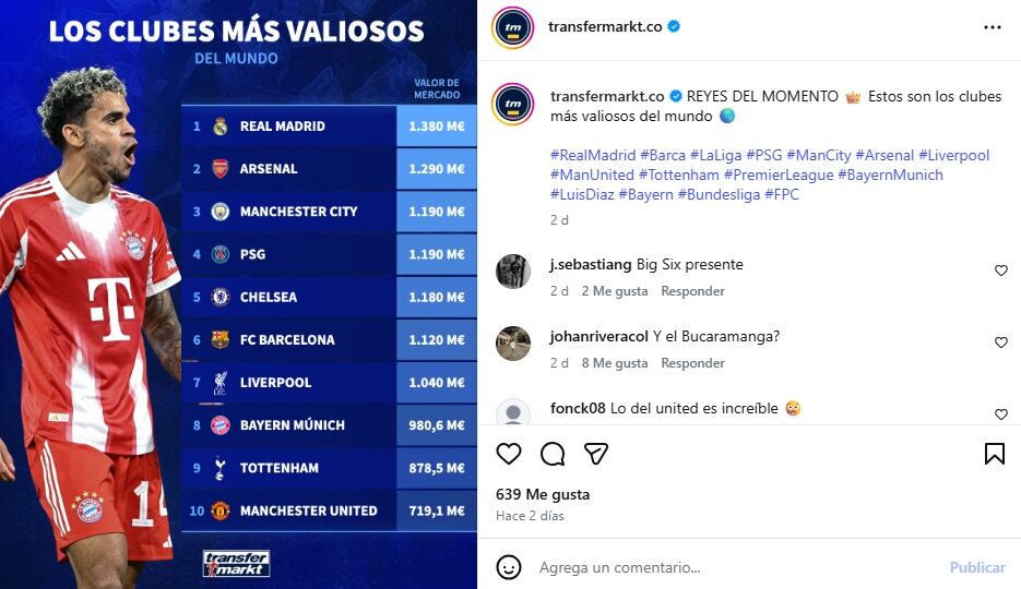 Pantallazo Instagram: @transfermarkt.co