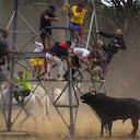 Hombres escapan de un toro durante el festival de toros 'Toro de la Vega' en Tordesillas, cerca de Valladolid, España, el martes 13 de septiembre de 2022. una vez más que el animal no debe ser dañado con lanzas o dardos.