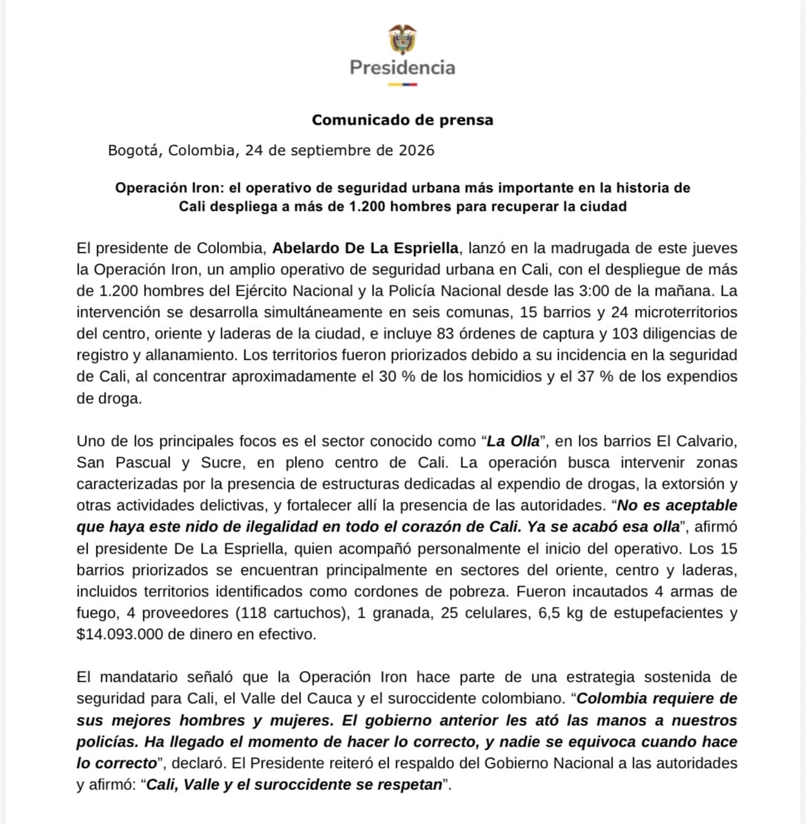 Comunicado Presidencia operativo Cali
