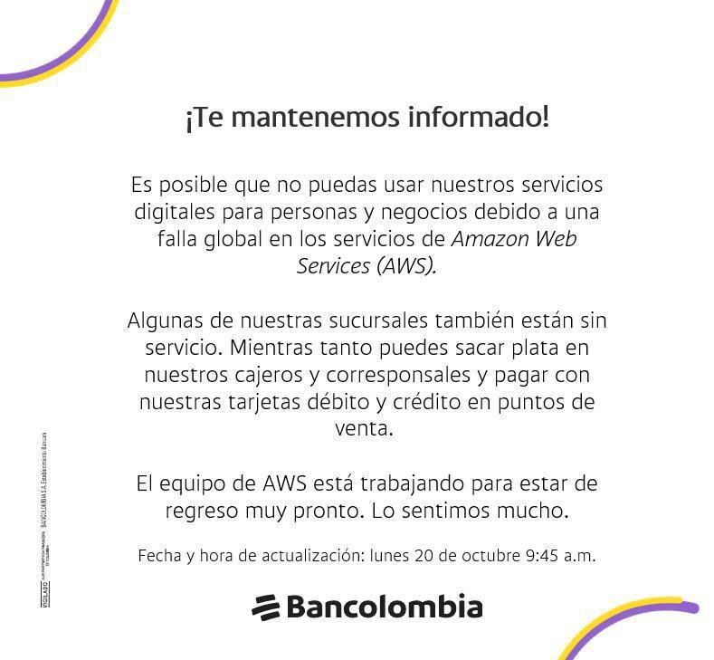Comunicado de Bancolombia sobre caída de su servicio este 20 de octubre.