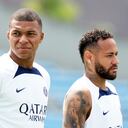 TOKYO, JAPAN - JULY 18: (L-R) Neymar Jr and Kylian Mbappe of Paris Saint-Germain look on the Paris Saint-Germain Japan Tour Kids Clinic at Prince Chichibu Memorial Rugby Ground on July 18, 2022 in Tokyo, Japan. (Photo by Koji Watanabe/Getty Images)