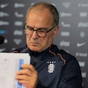 Uruguay's coach Marcelo Bielsa holds a news conference following Uruguay's elimination from the 2026 FIFA World Cup, in Montevideo, Uruguay, Tuesday, June 30, 2026. (AP Photo/Matilde Campodónico)