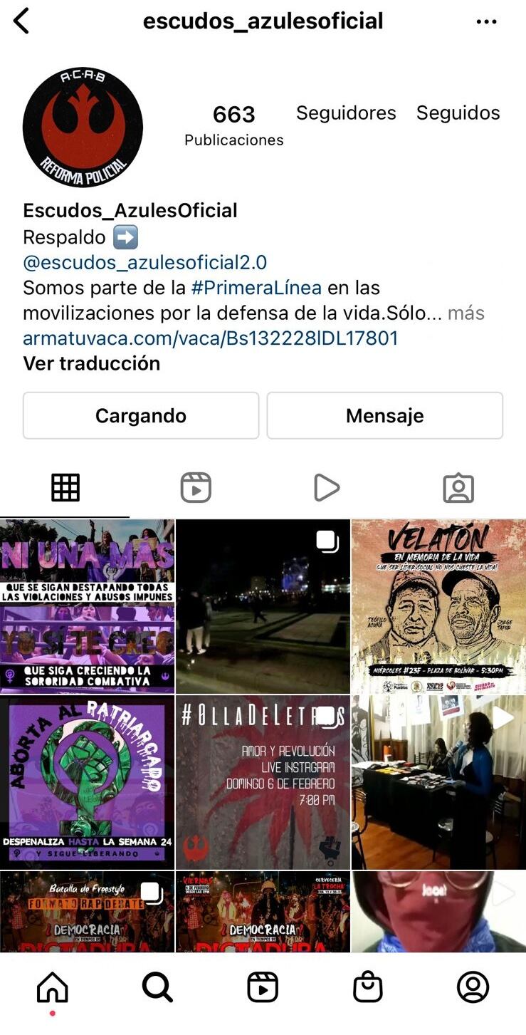 Escudos Azules grupo que pertenece a la Primera Línea protagonista de protestas en Bogotá.