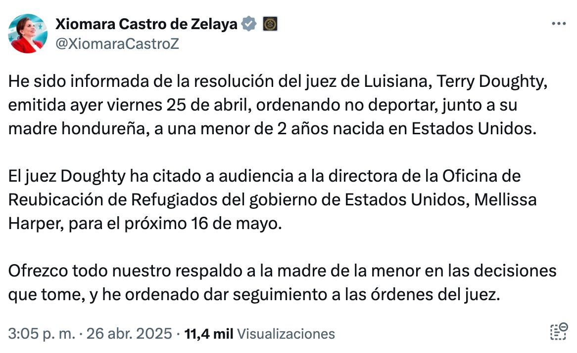 Mensaje emitido por la presidenta de Honduras