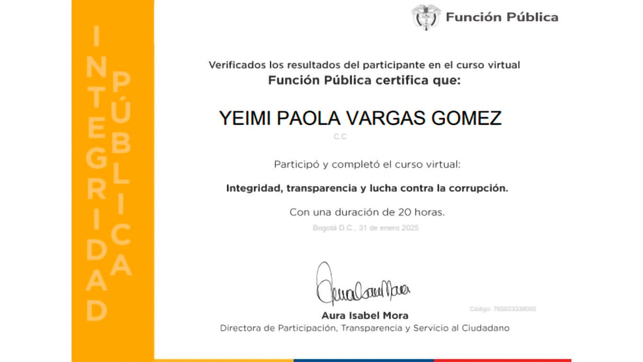 Certificación del curso virtual de Yeimi Paola Vargas.