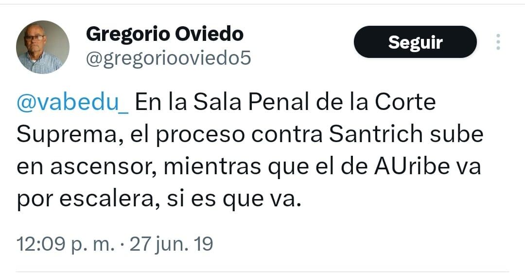 Gregorio Oviedo, esposo de Amelia Pérez, publicó mensajes contra el expresidente Álvaro Uribe.