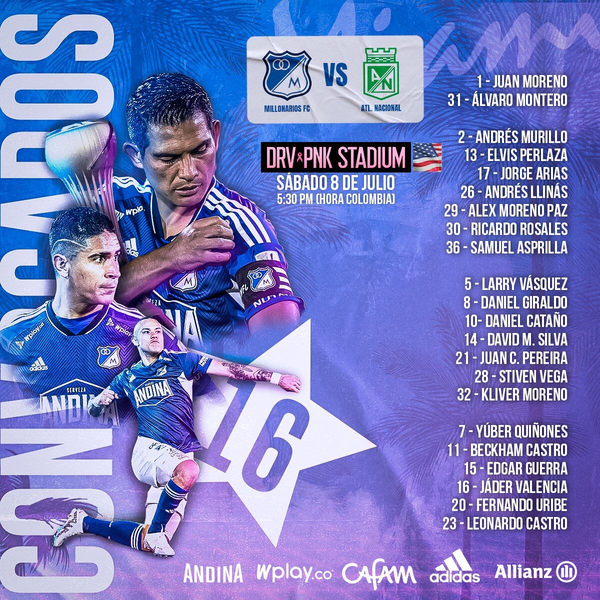 Lista de convocados en Millonarios para el partido amistoso ante Atlético Nacional.