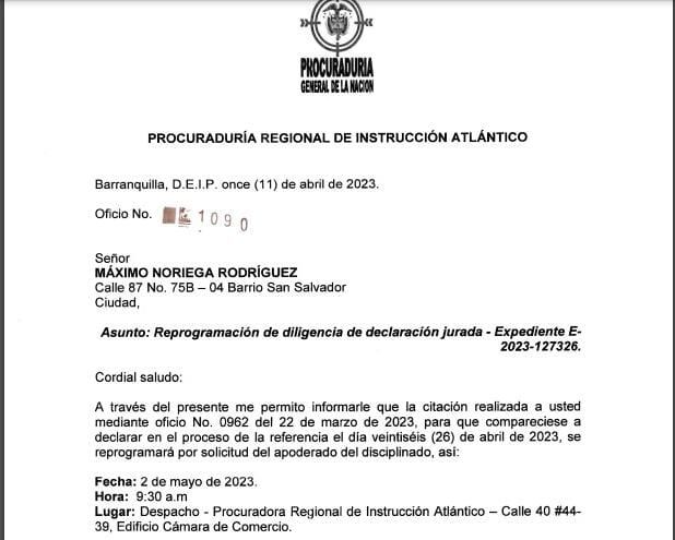 Citación de la Procuraduría a Máximo Noriega, a dar declaración juramentada.