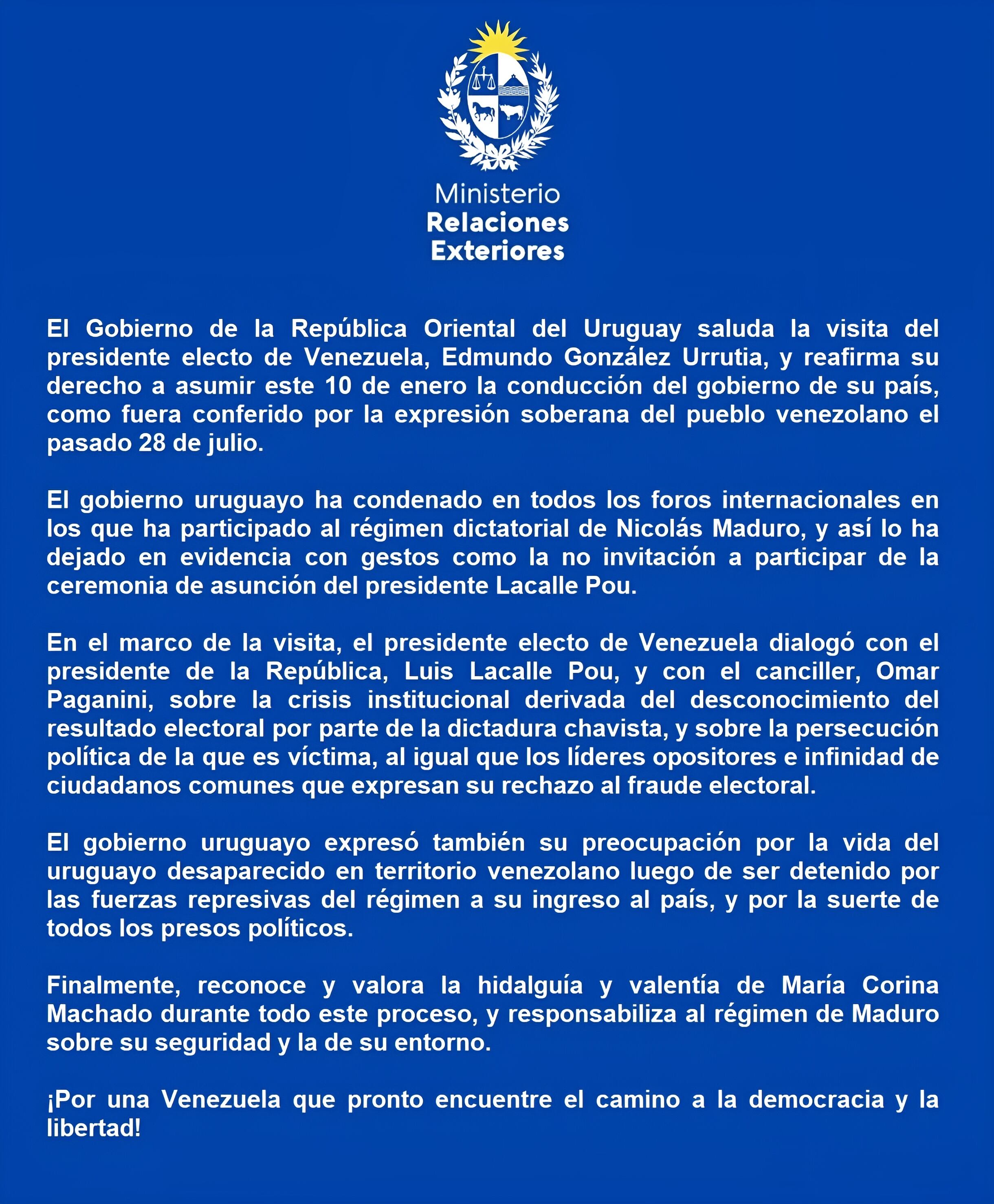 Uruguay expresa su apoyo a Edmundo González Urrutia y condena al régimen de Maduro por la persecución política en Venezuela.