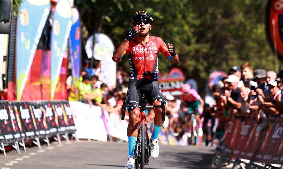 BURGOS, SPAIN - AUGUST 02: Santiago Buitrago Sanchez of Colombia and Team Bahrain Victorious celebrates winning during the 44th Vuelta a Burgos 2022- Stage 1 a 157km stage from Catedral de Burgos to Mirador del Castillo, Burgos / #VueltaBurgos / on August 02, 2022 in Burgos, Spain. (Photo by Getty Images/Gonzalo Arroyo Moreno)