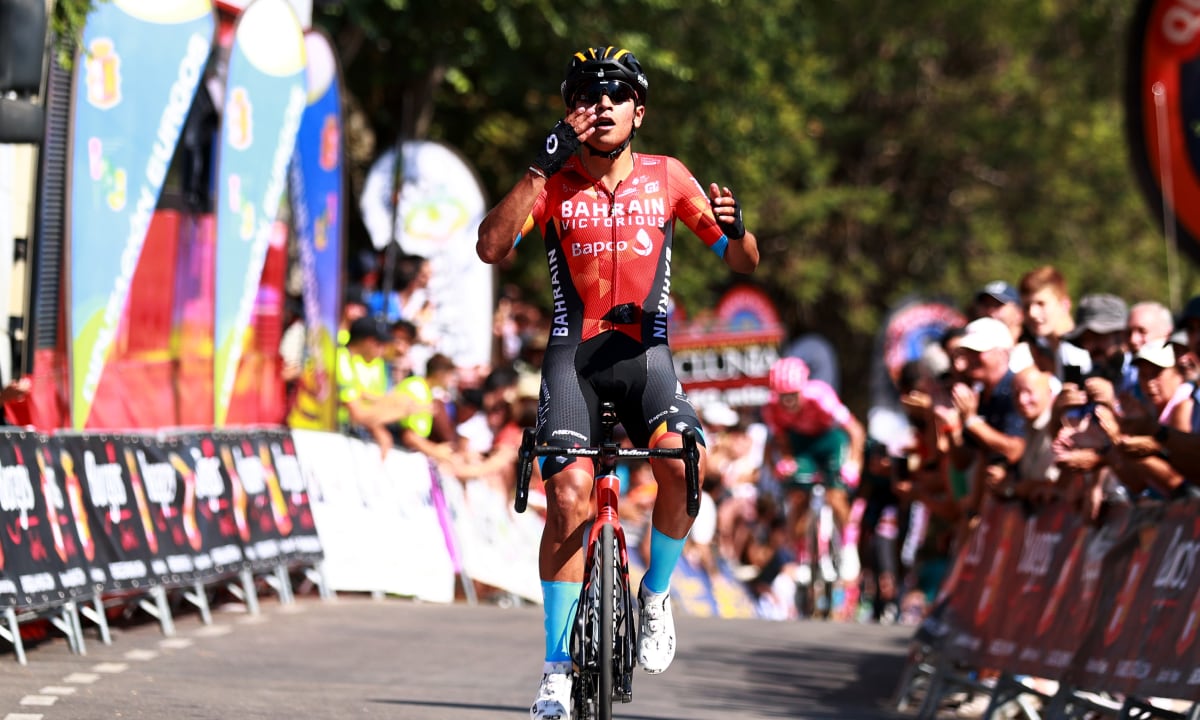 BURGOS, SPAIN - AUGUST 02: Santiago Buitrago Sanchez of Colombia and Team Bahrain Victorious celebrates winning during the 44th Vuelta a Burgos 2022- Stage 1 a 157km stage from Catedral de Burgos to Mirador del Castillo, Burgos / #VueltaBurgos / on August 02, 2022 in Burgos, Spain. (Photo by Getty Images/Gonzalo Arroyo Moreno)