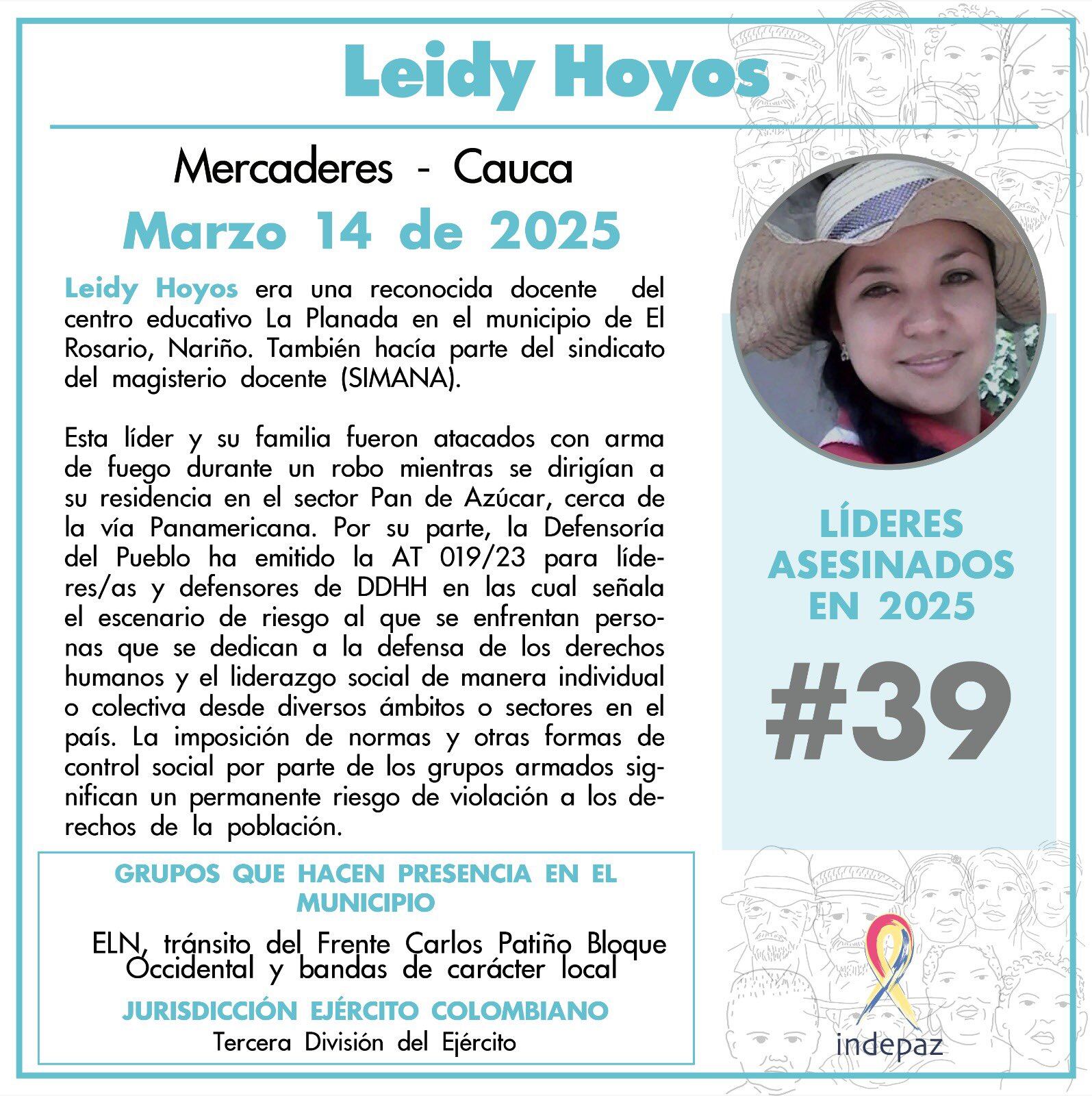 Indepaz reportó una nueva lideresa social asesinada en Colombia para el 2025.