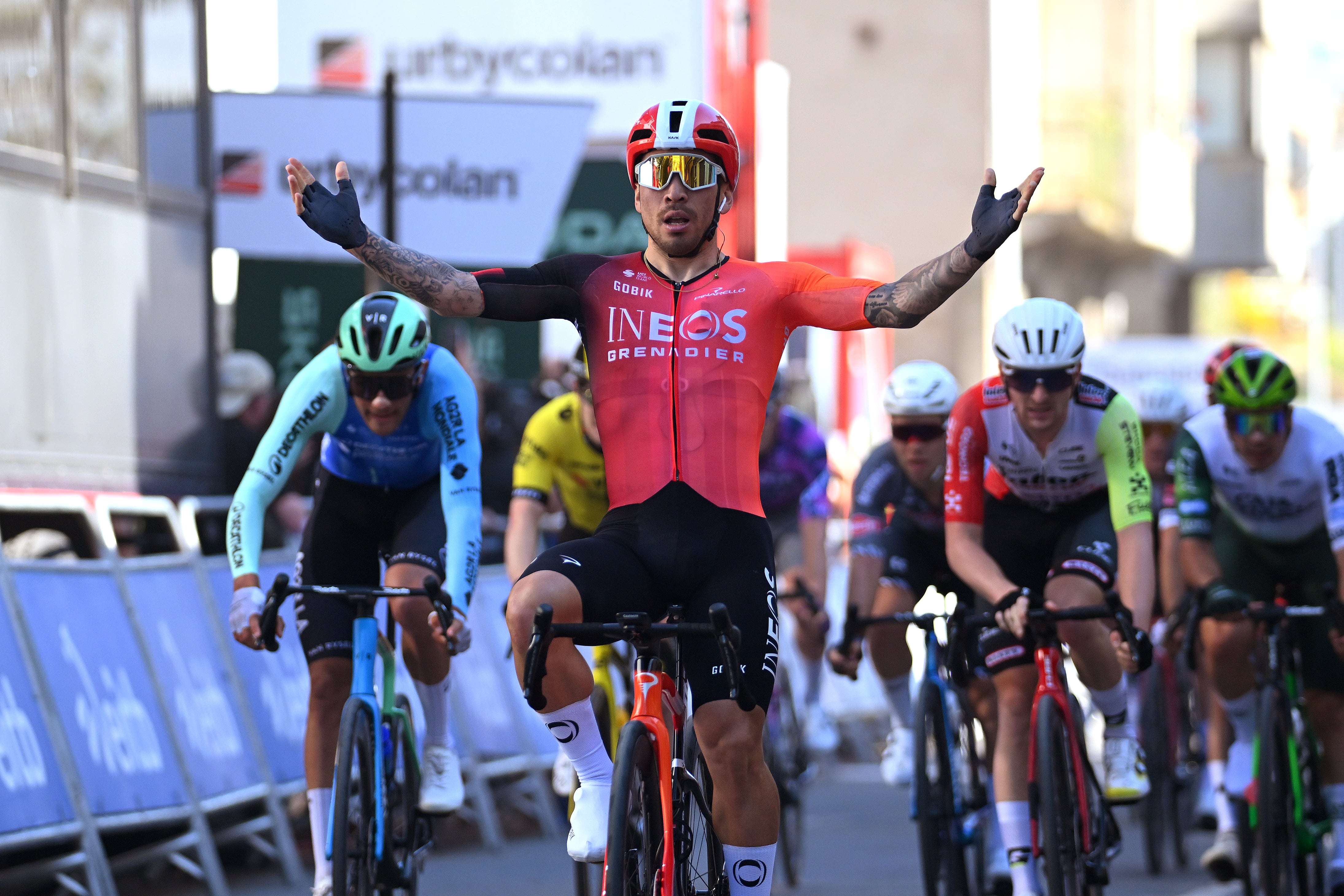 LODOSA, SPAIN - APRIL 08: Caleb Ewan of Australia and Team INEOS Grenadiers celebrates at finish line as stage winner during the 64th Itzulia Basque Country 2025, Stage 2 a 186.6km stage from Pamplona-Iruna to Lodosa / #UCIWT / on April 08, 2025 in Lodosa, Spain. (Photo by Tim de Waele/Getty Images)