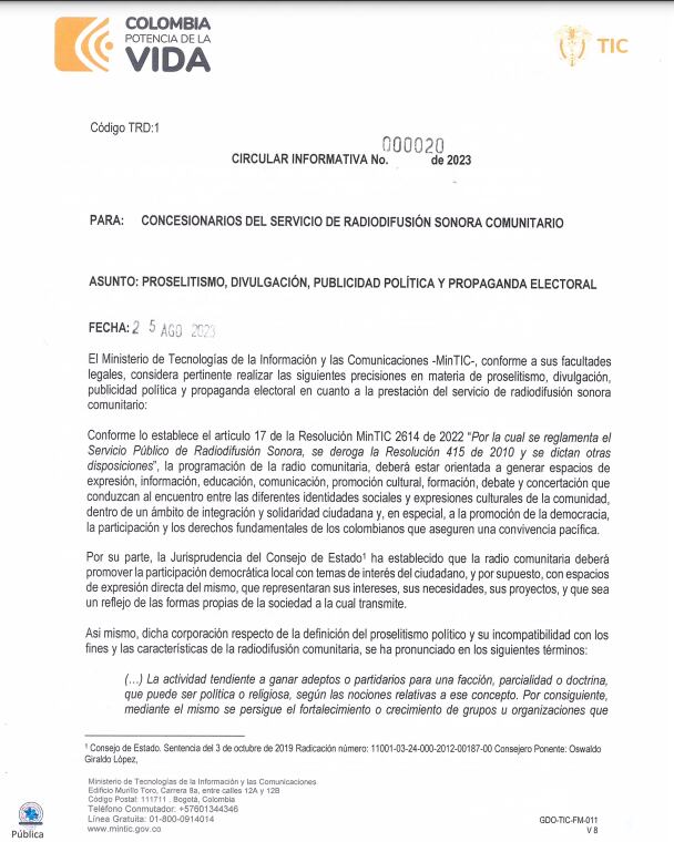 MinTIC publicó una circular informativa sobre la emisión de propaganda
electoral por parte de los concesionarios de radiodifusión sonora comunitaria
y comunitaria étnica, pero sin caer en proselitismo.
