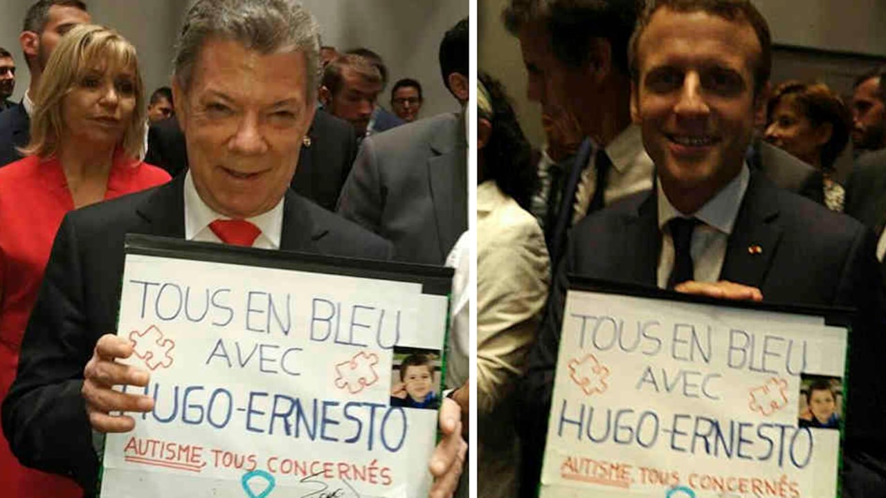 Los presidentes Juan Manuel Santos y Emmanuel Macron en la inuguración de Colombia en Francia.