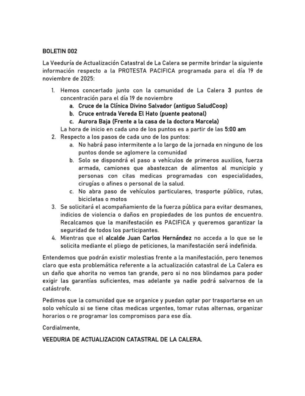 Comunicado de la Veeduría de la Coalición Catastral.