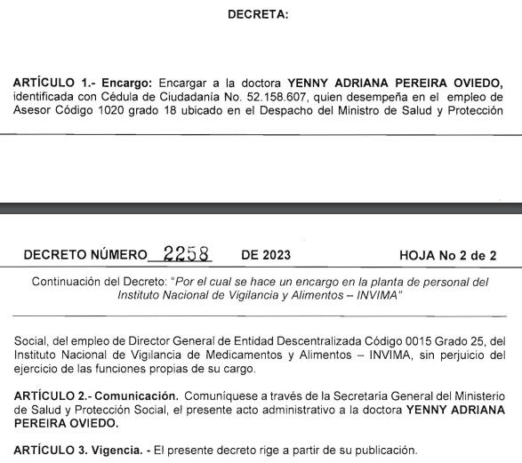 Este fue el decreto que designó a una nueva directora encargada del Invima.