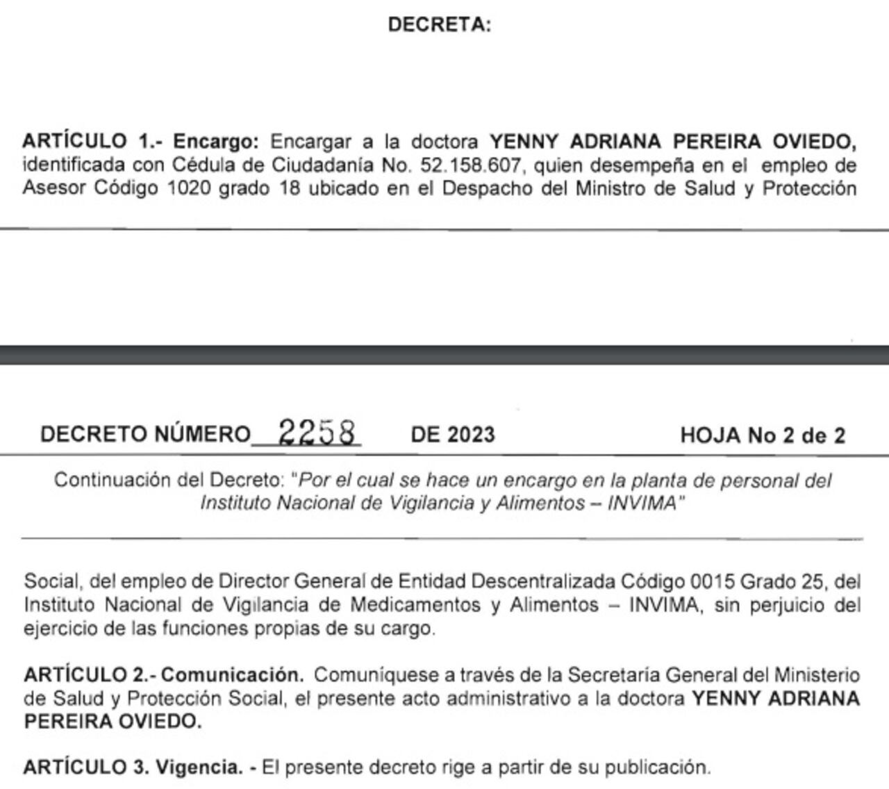 Este fue el decreto que designó a una nueva directora encargada del Invima.