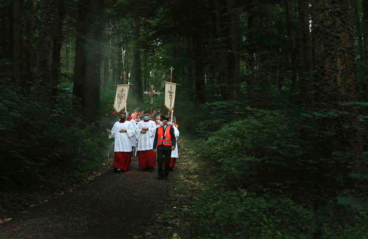 Los creyentes caminan por un bosque cerca de la iglesia de peregrinación Maria Vesperbild durante una procesión del Día de la Asunción, el sábado 15 de agosto en Ziemetshausen, Alemania. Para los católicos, especialmente en el sur de Baviera, esta es una de sus celebraciones más tradicionales. Foto: Karl-Josef Hildenbrand / DPA vía AP