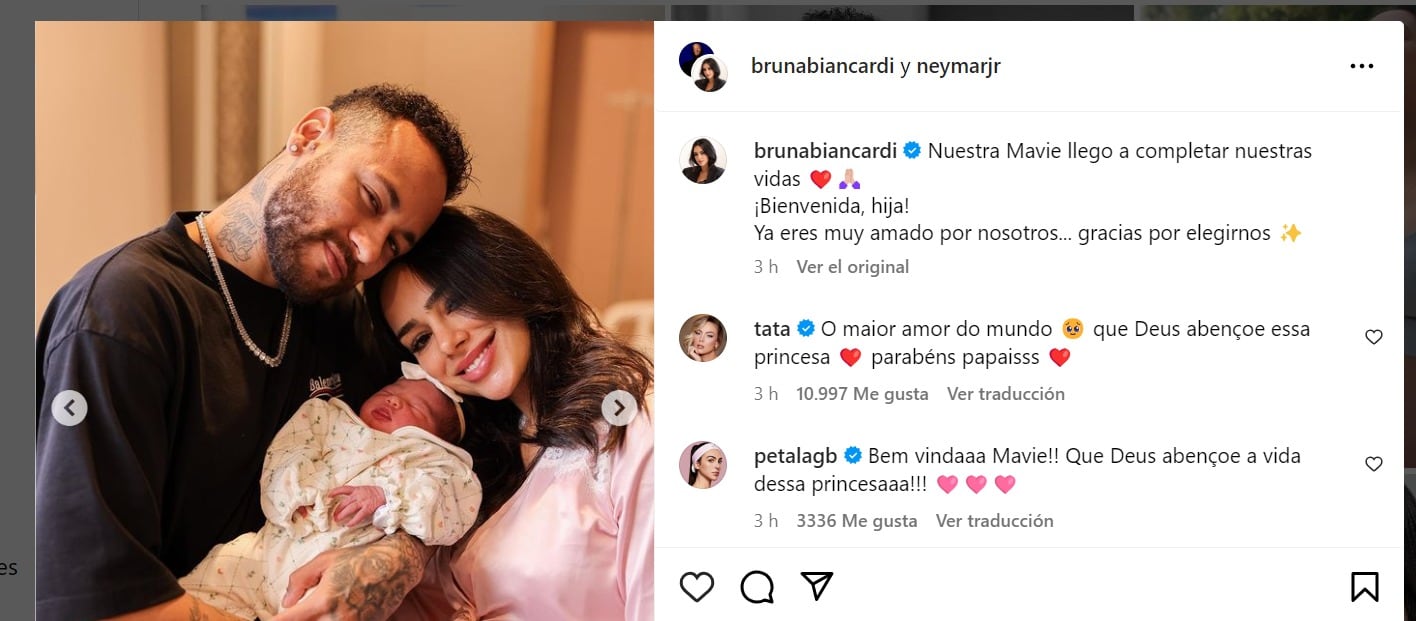 Publicación en Instagram de Neymar junto a su esposa y su hija.