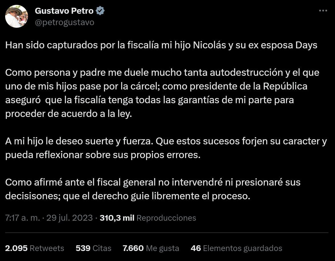 Trinos sobre captura Nicolás Petro