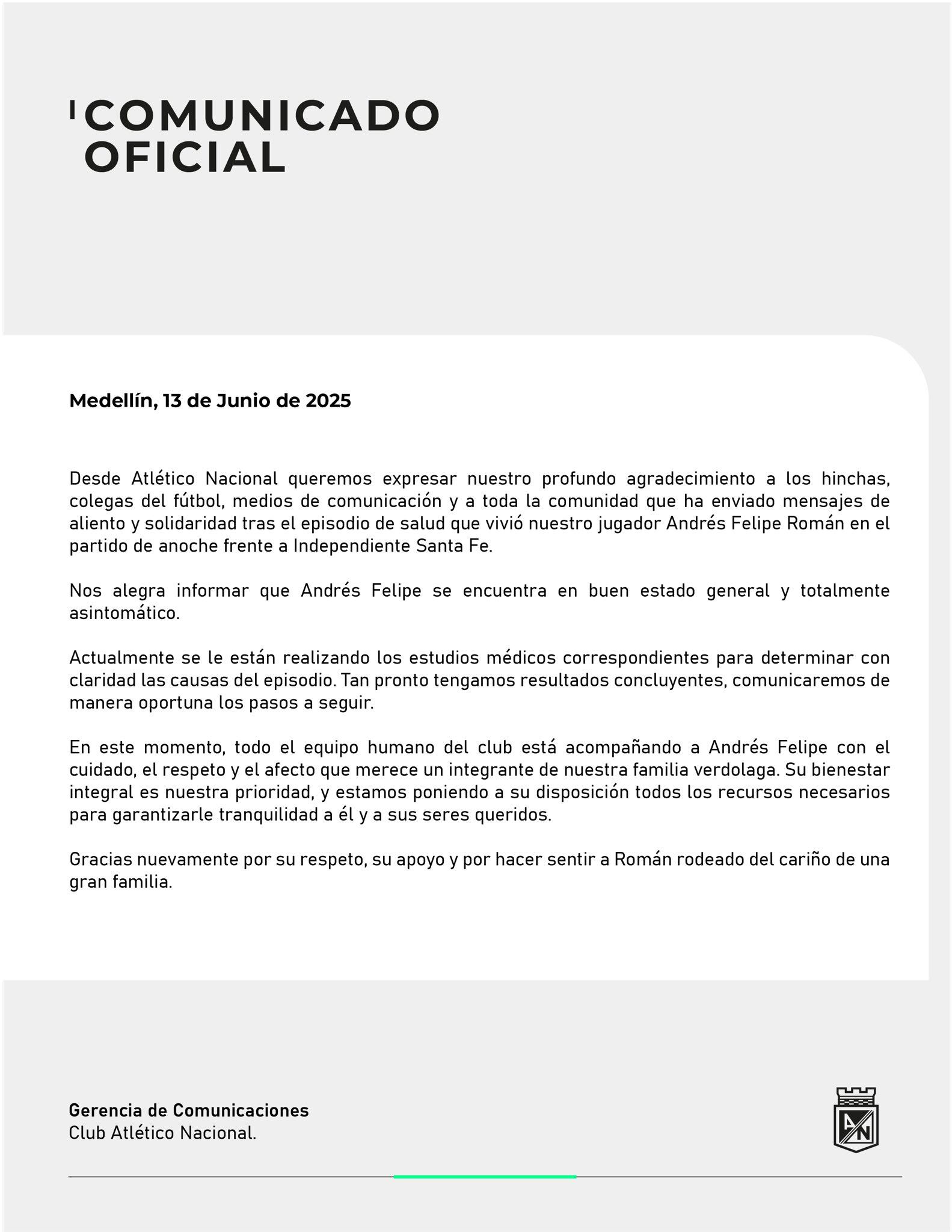 Comunicado oficial de Atlético Nacional sobre Andrés Felipe Román.
