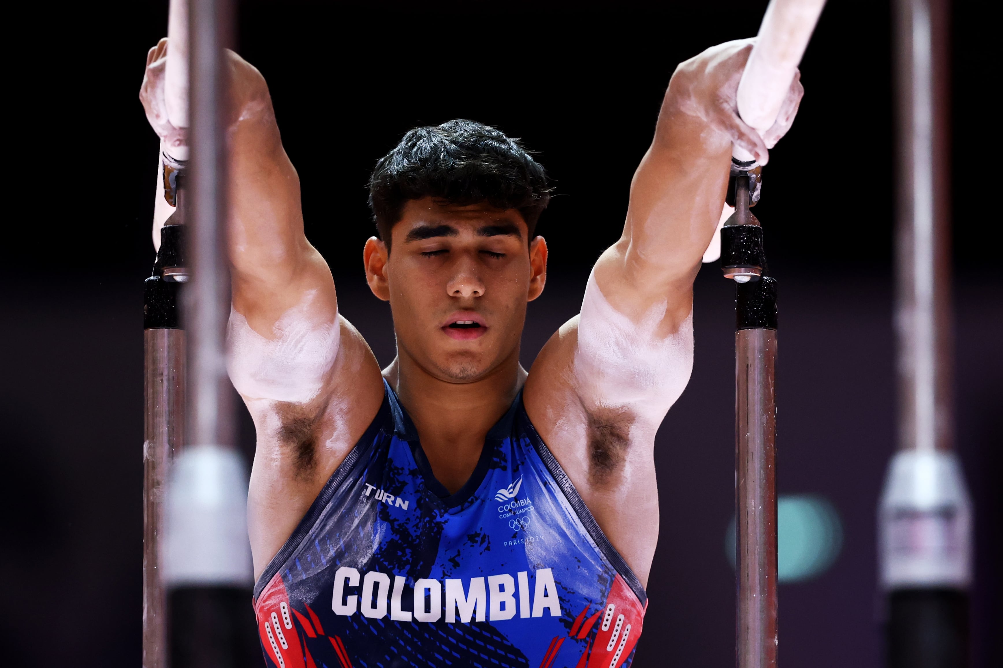 JAKARTA, INDONESIA - OCTOBER 25: Angel Barajas of Team Colombia competes in the Men's parallel bars apparatus final on day seven of the Artistic Gymnastics World Championships  at Indonesia Arena on October 25, 2025 in Jakarta, Indonesia. (Photo by Yong Teck Lim/Getty Images)