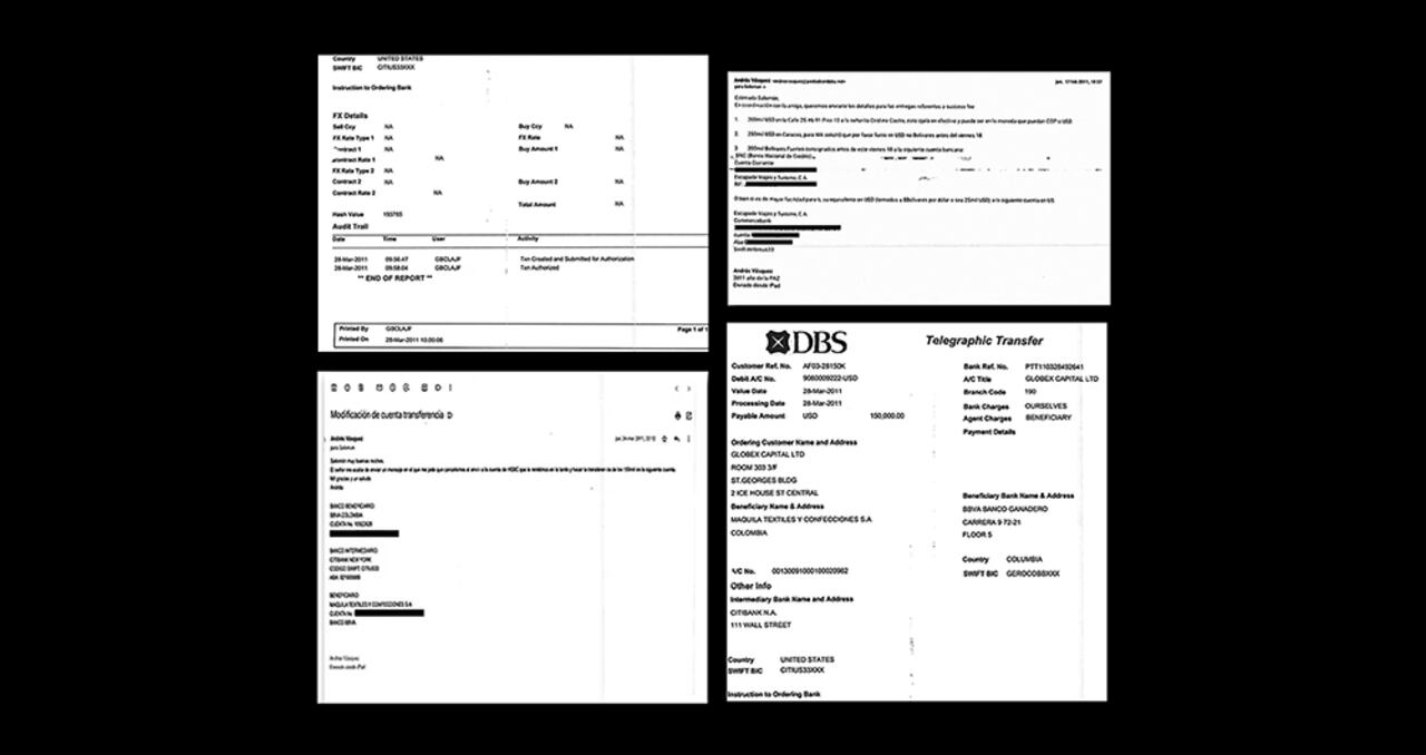 Estos documentos forman parte de los movimientos bancarios y pruebas en contra de Piedad Córdoba. En algunos se hace referencia a Álex Saab.